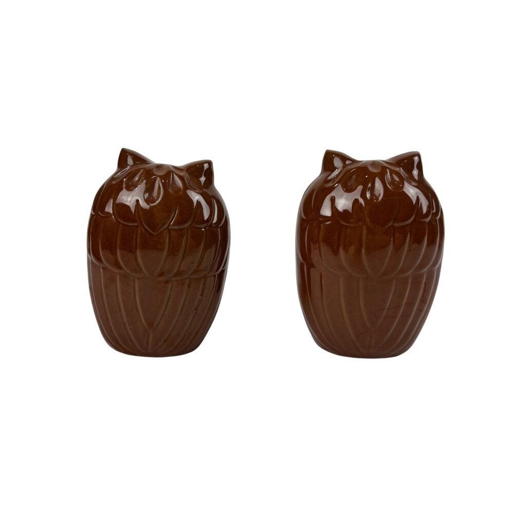 Vintage Owl Salt And Pepper Shakers Set Large Brown Yellow Eyes Ceramic - Picture 6 of 10